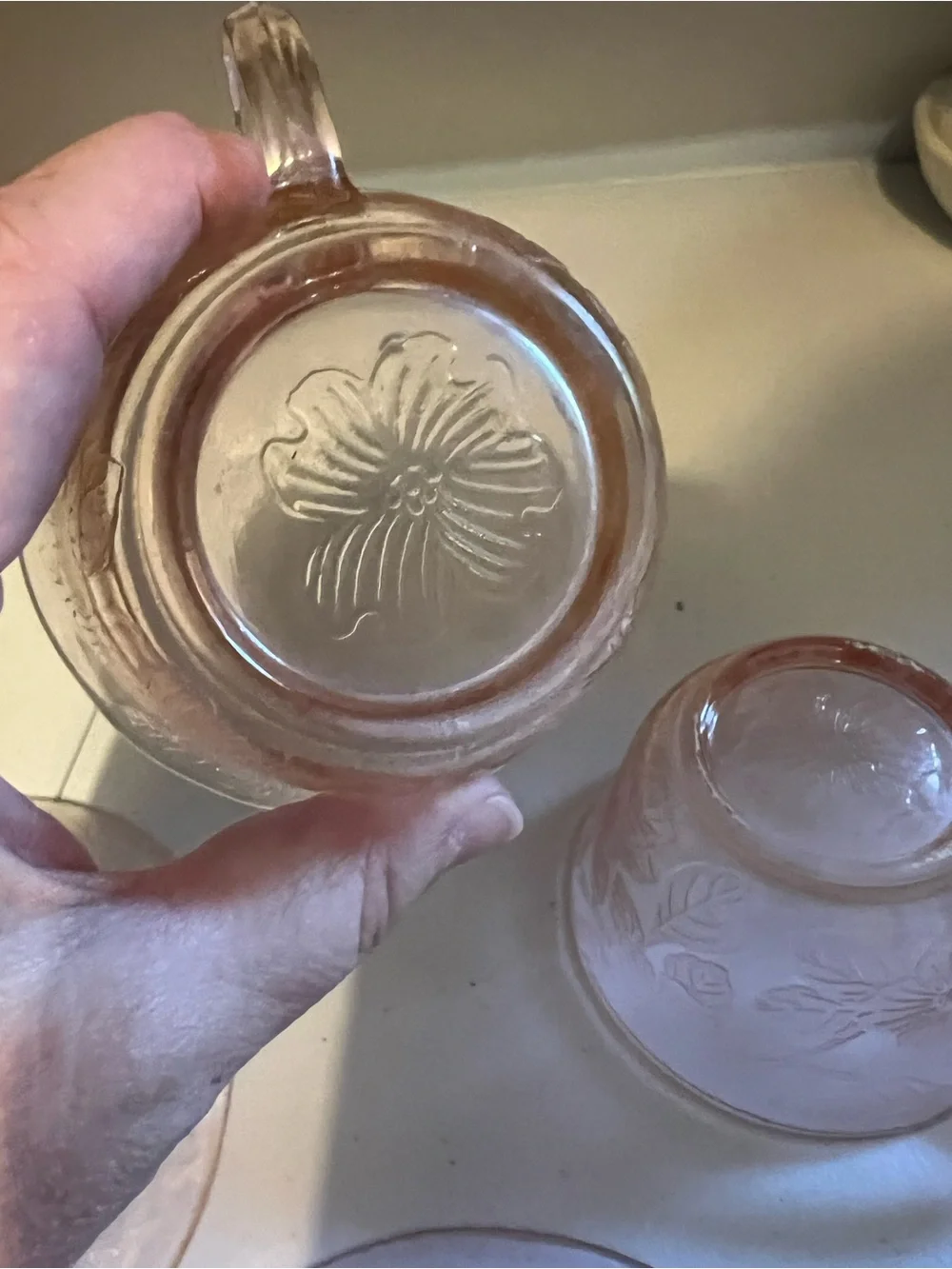 2 Dogwood Pink Depression Glass Teacup and Saucer Set